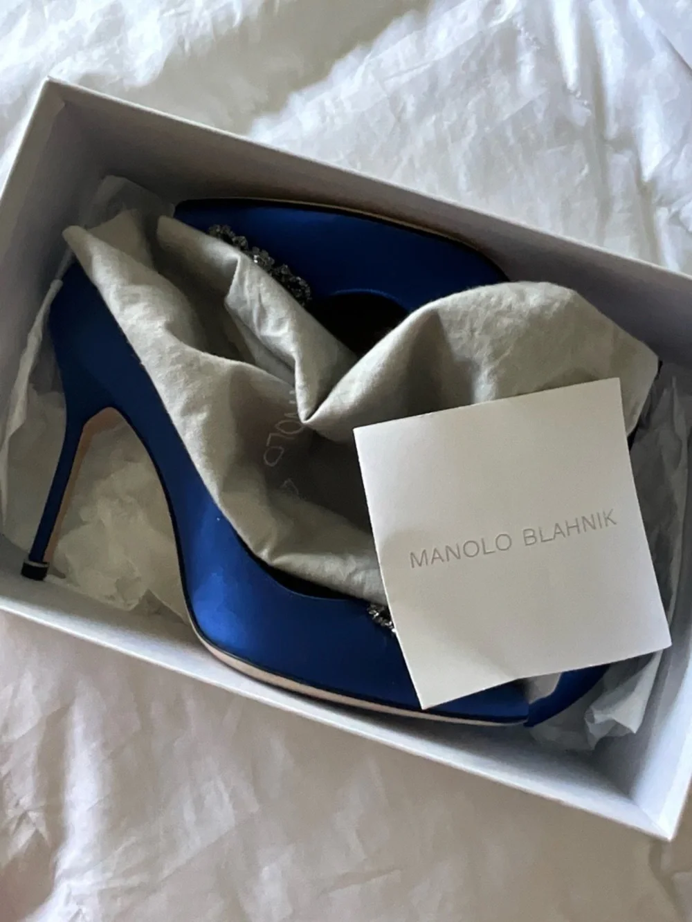 Manolo Blahnik Royal Blue Satin Pointed-Toe Crystal Buckle Pumps